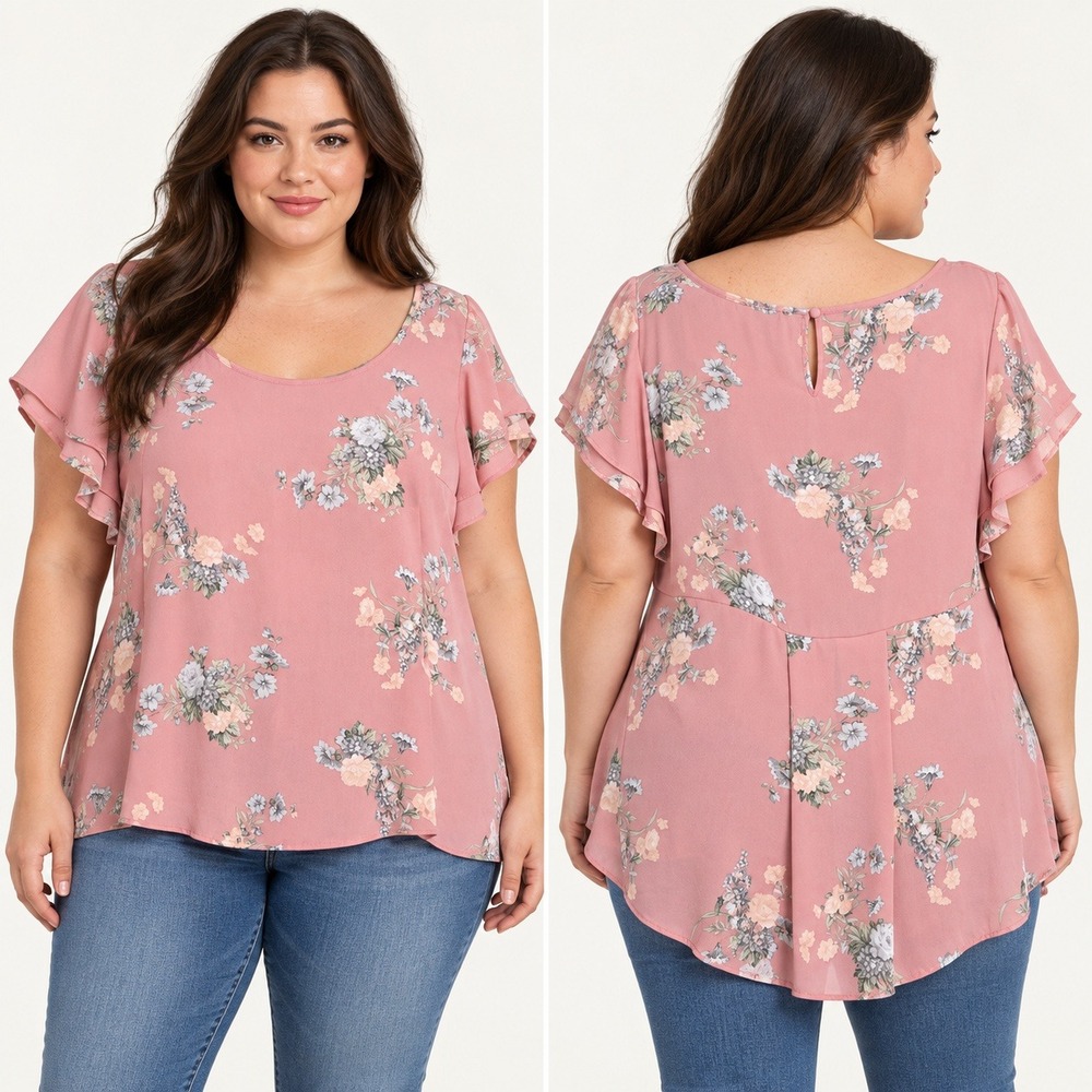 Torrid Womens Sz 1 pink floral blouse layered flutter sleeves scoop neckline
